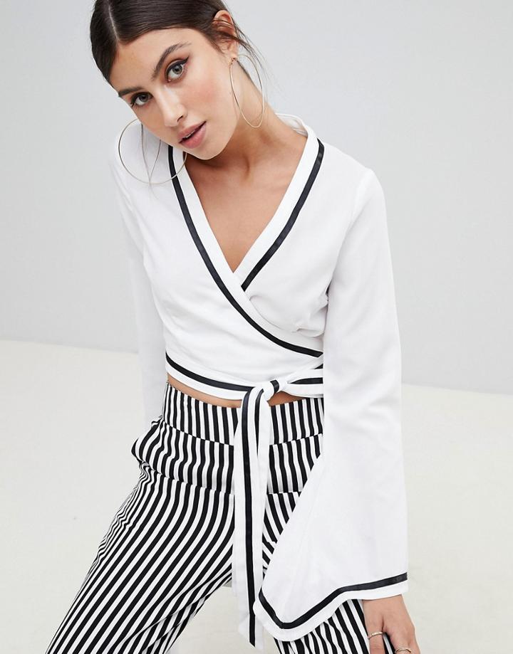 Prettylittlething Contrast Trim Kimono Sleeve Wrap Top - White