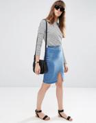 Asos Denim Pencil Skirt With Zip Back In Mid Wash Blue - Blue