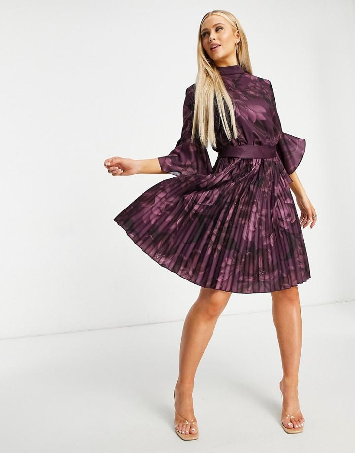Chi Chi London Fluted Sleeve Mini Dress In Berry Floral-purple