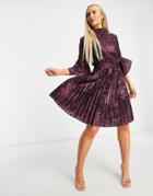 Chi Chi London Fluted Sleeve Mini Dress In Berry Floral-purple