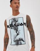 Religion Tank With Blue Skeleton Print In White
