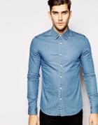 Asos Skinny Denim Shirt With Long Sleeves In Mid Wash - Mid Wash