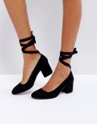 London Rebel Wide Fit Tie Ankle Kitten Heel Shoe - Black