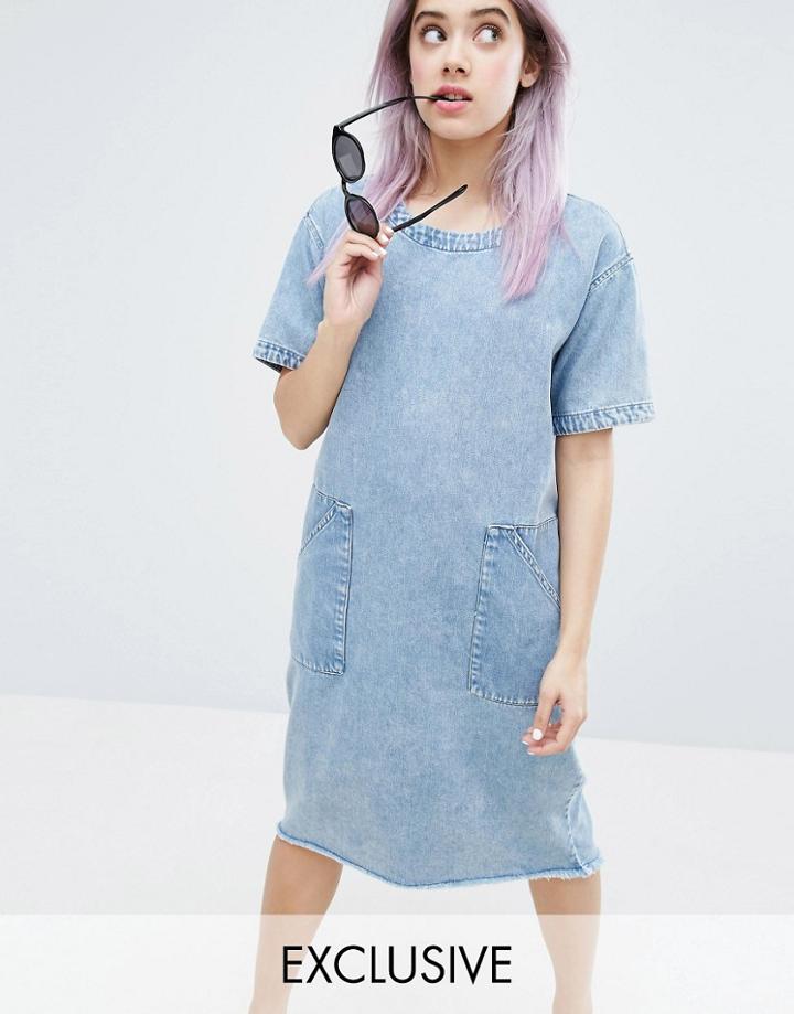 Monki Acid Wash Freyed Hem Dress - Blue