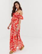 Asos Design Bardot Beach Maxi Dress With Ruffles In Flamenco Floral Stripe Print-multi