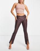 Asos Design Leather Look Lace Up Flare Pant In Plum-red