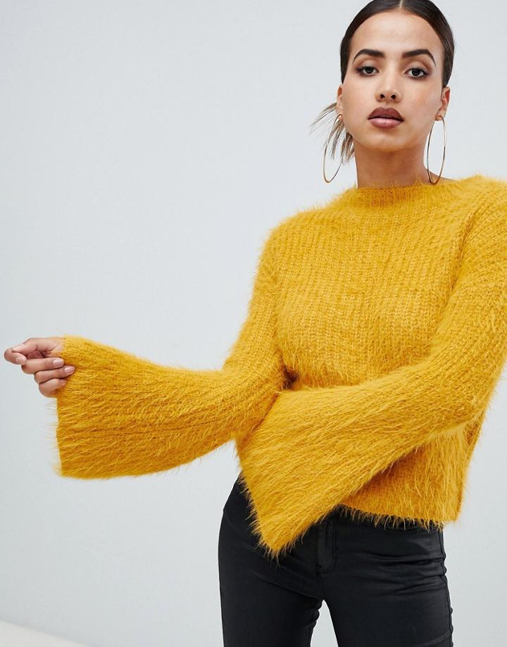 Prettylittlething Flared Sleeve Fluffy Sweater In Yellow - Yellow