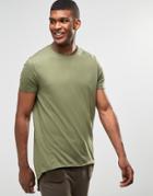 Asos Super Longline T-shirt With Scoop Back Hem And Raw Edges In Green - Winter Moss