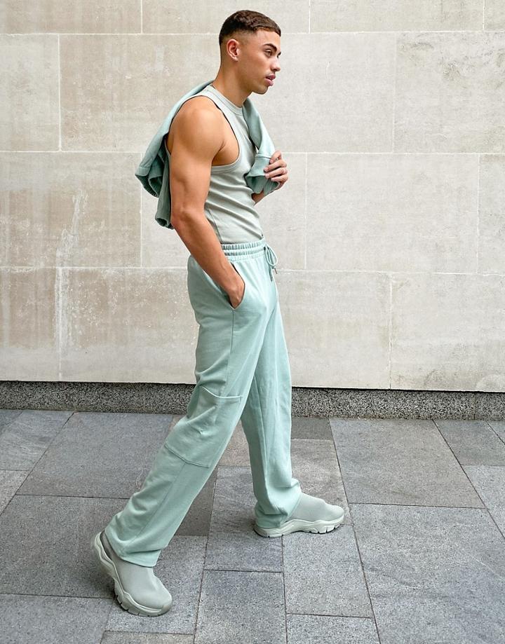 Asos Design Matching Straight Leg Sweatpants With Patch Pocket In Washed Green