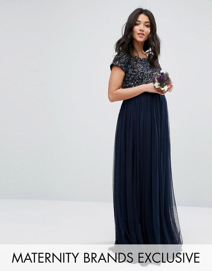 Maya Maternity Maxi Dress With Delicate Sequin And Tulle Skirt - Navy