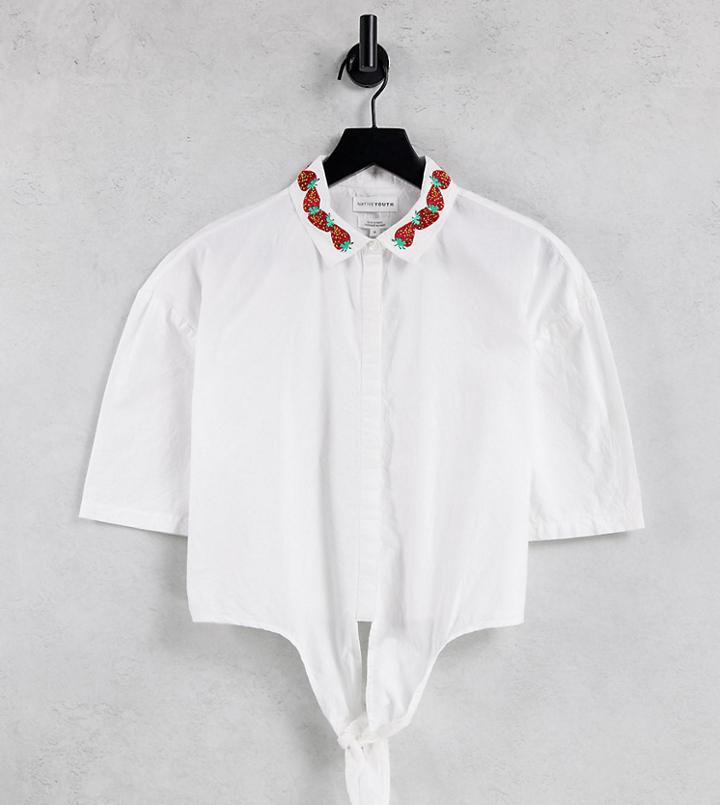 Native Youth Tie Front Cropped Shirt With Strawberry Collar - Part Of A Set-white