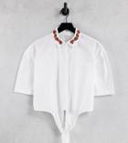 Native Youth Tie Front Cropped Shirt With Strawberry Collar - Part Of A Set-white