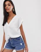 River Island Woven V Neck T-shirt In White