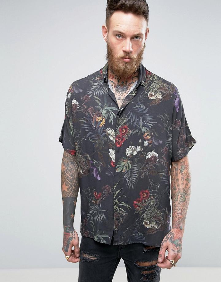 Asos Oversized Shirt In Floral Print With Batwing Sleeve - Black
