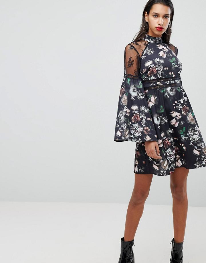 Neon Rose High Neck Dress With Lace Trim In Floral - Black