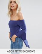 Asos Petite Off Shoulder Top With Ruffle Cuff - Navy