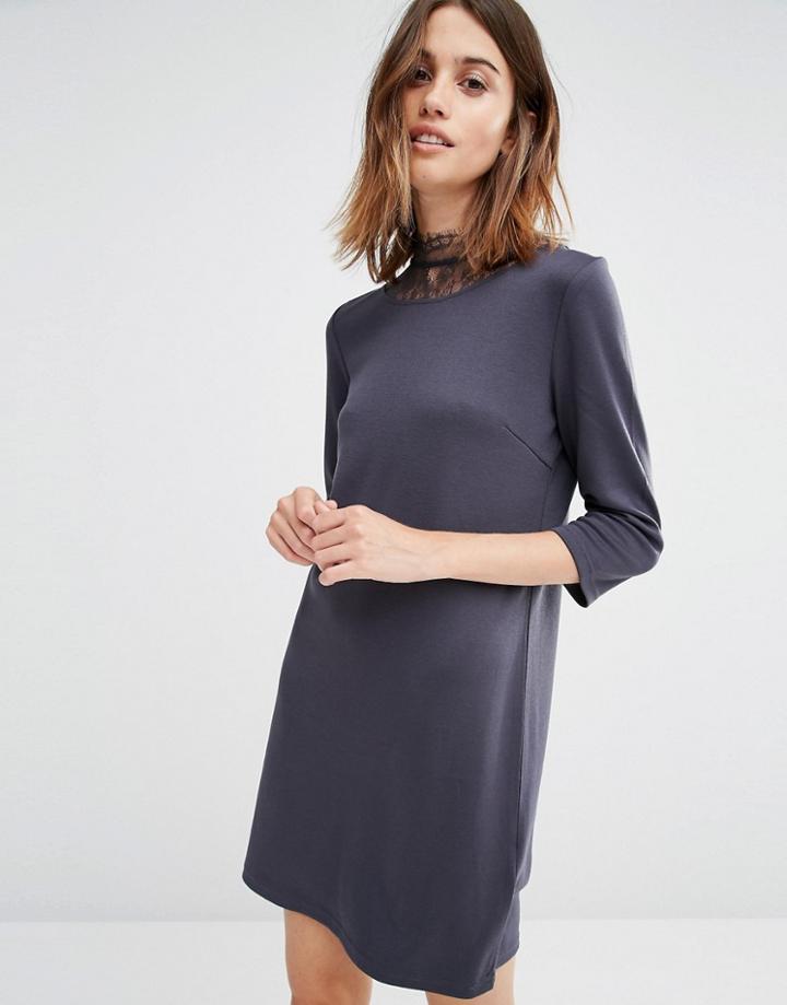 Vila Lace High Neck Shift Dress - Charcoal