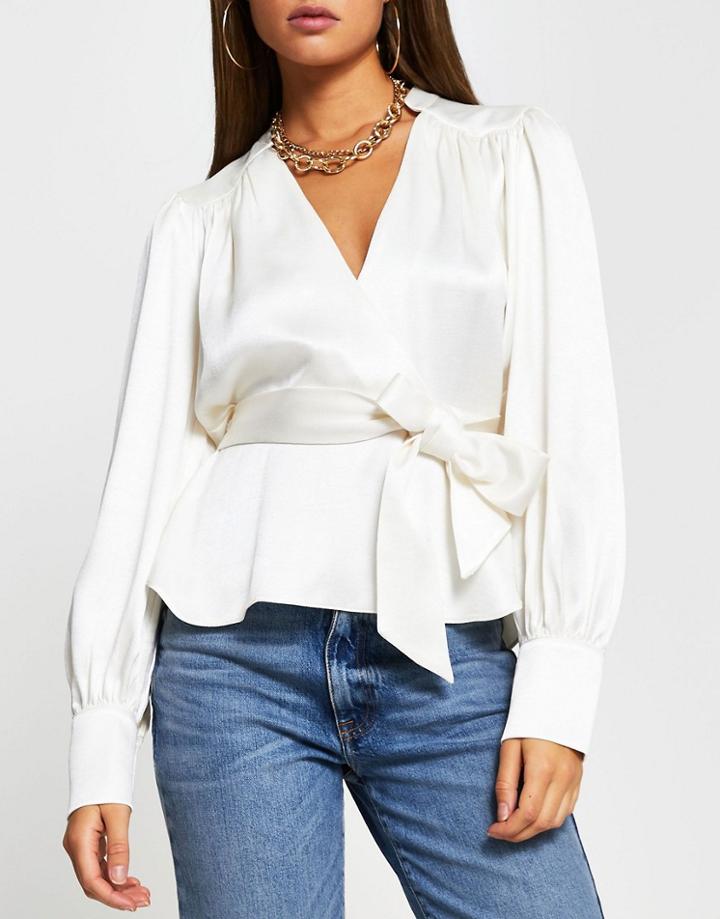River Island Smudge Print Wrap Blouse In Ivory-white