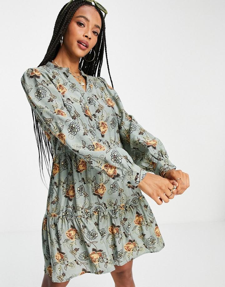 Object Bina Floral Mini Dress In Blue Multi