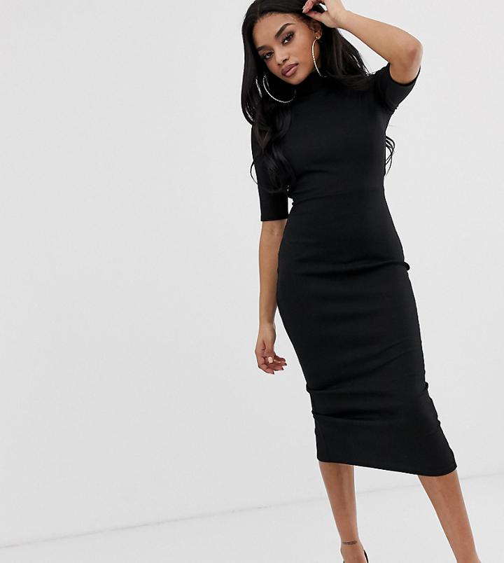 Fashion Union Petite Ribbed Midi Dress With Cut Out Back - Black