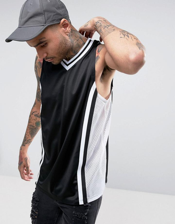 Asos Oversized Tank In Polytricot And Mesh Side Panels - Black