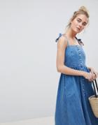 Asos Design Denim Button Through Midi Dress In Midwash Blue - Blue