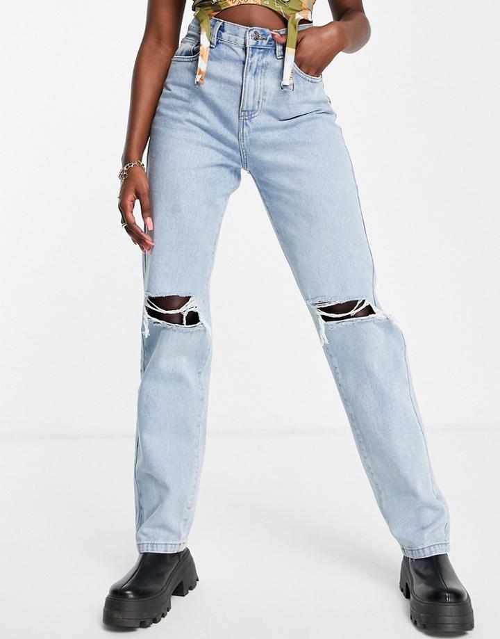 Rebellious Fashion Denim Distressed Knee Extra Long Jeans In Mid Wash-blue