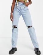 Rebellious Fashion Denim Distressed Knee Extra Long Jeans In Mid Wash-blue