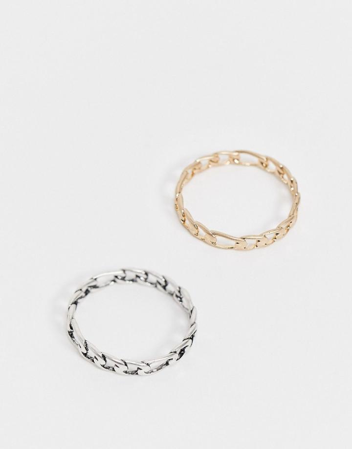 Allsaints 2 Pack Chain Rings In Brass With Gold And Silver Finish