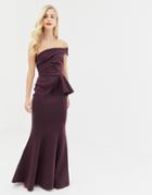 Asos Design Bardot Fold Detail Fishtail Maxi Dress - Purple