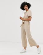 Asos Design Contrast Stitch T-shirt Jumpsuit-beige
