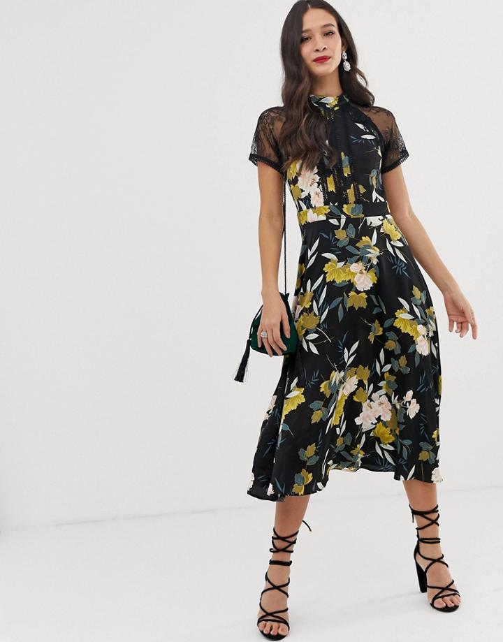 Liquorish A Line Lace Detail Midi Dress In Floral Print-multi