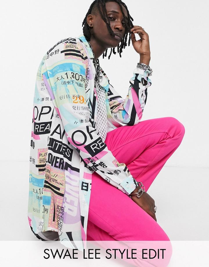 Asos Design Regular Longline Text Print Shirt-white