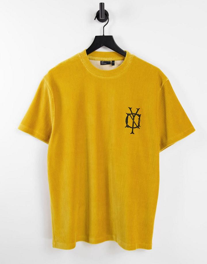Asos Design Relaxed T-shirt In Mustard Ribbed Velour With Chest Embroidery-yellow