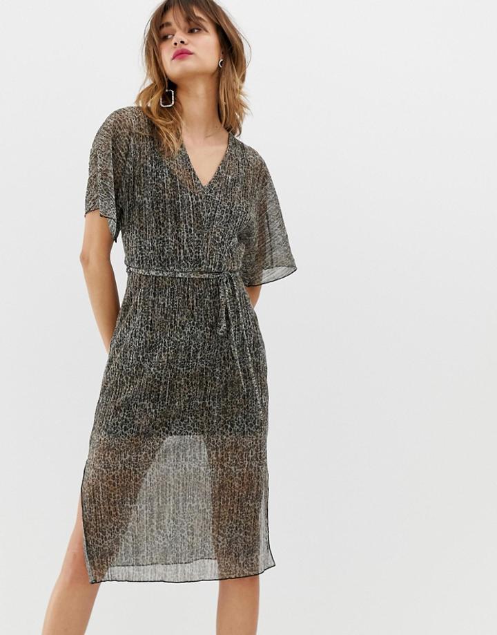 River Island T-shirt Dress With Tie Waist In Metallic Animal Print Plisse-multi
