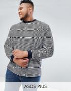Asos Plus Relaxed Long Sleeve T-shirt In Velour Stripe - Navy