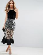Asos Midi Column Skirt With Dark Floral Embroidery - Multi