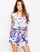 Neon Rose Romper With Button Front In Petal Print