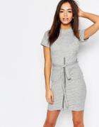Daisy Street Short Sleeve Bodycon Dress With Zip & Tie Front - Gray