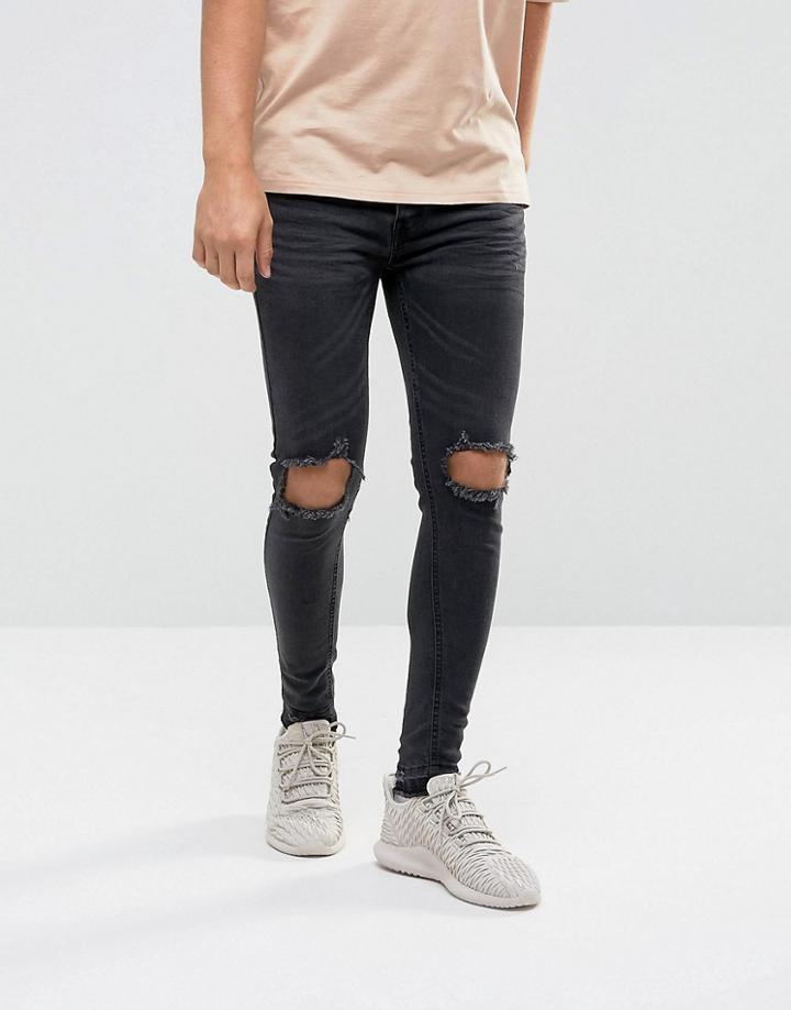 Night Addict Super Skinny Jeans With Rips And Unrolled Hem - Black