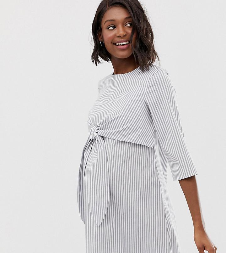 Asos Design Maternity Tie Front Nursing Mini Dress In Stripe-multi