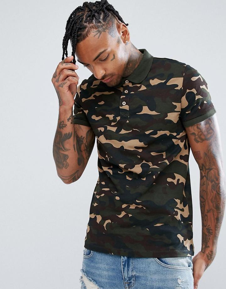 Bershka Polo In Camo - Green
