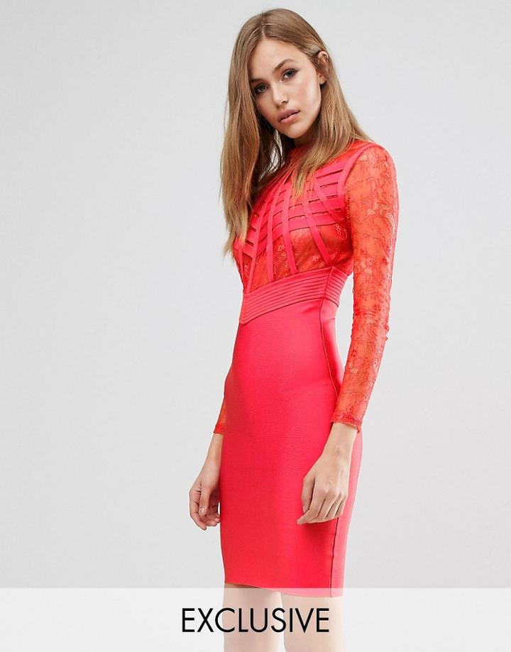 Wow Couture Bandage Lace And Cage Dress - Red