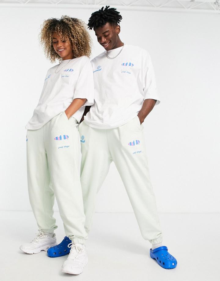 Asos Daysocial Unisex Relaxed Sweatpants With Surf Graphic Prints In Light Green - Part Of A Set