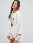 Asos Design Christmas Pom Pom Reindeer Short And Longsleeve Pyjama Set - Cream