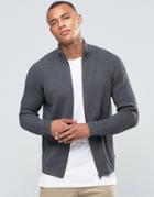 Jack & Jones Ribbed Funnel Neck Zipped Cardigan - Gray