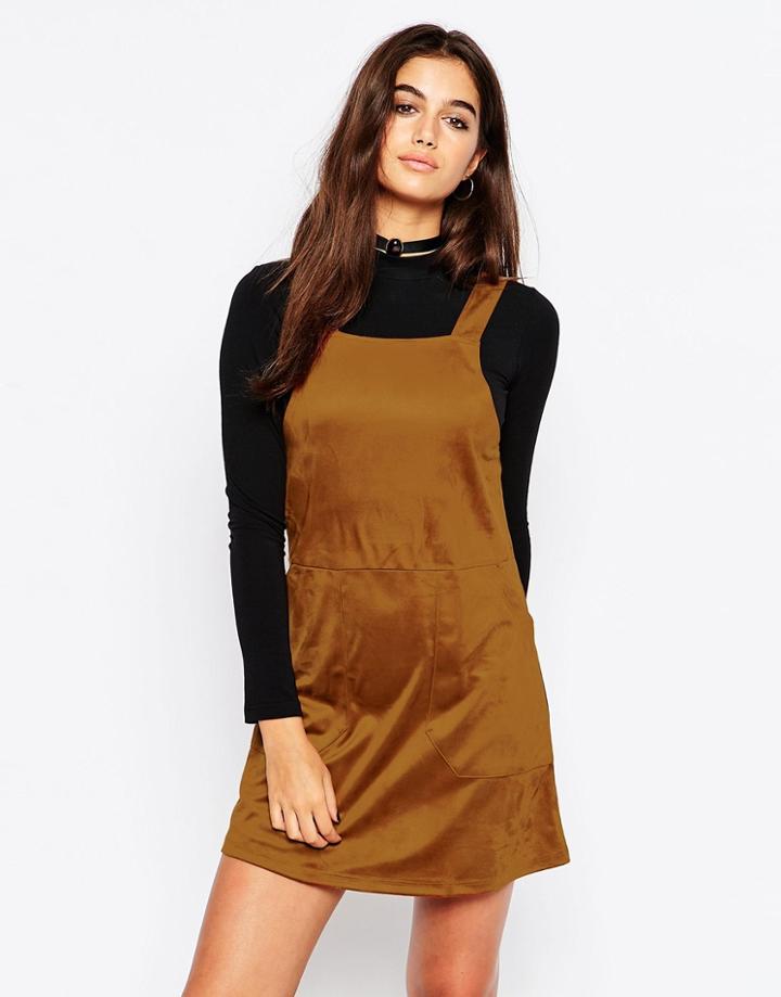 Motel Pinafore In Faux Suede - Camel