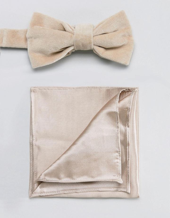 Devils Advocate Taupe Velvet Bow Tie With Satin Pocket Square - Brown