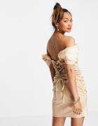 Asos Design Taffeta Off Shoulder Ruched Lace-up Back Mini Dress In Stone-neutral