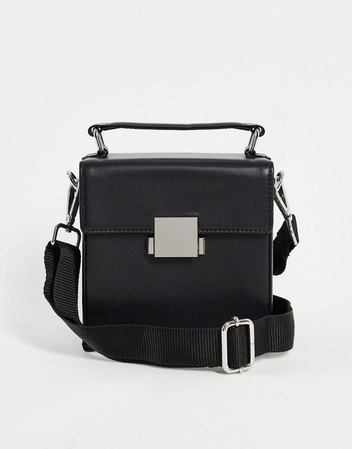 Asos Design Cross Body Structured Box Bag In Black Faux Leather With Grab Handle And Clasp